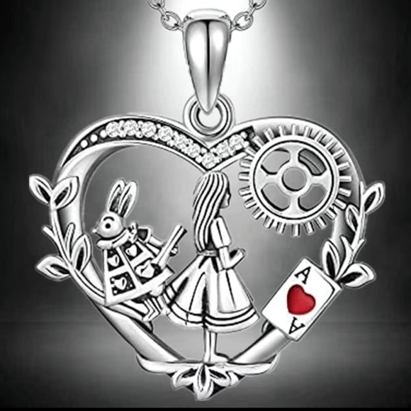 Alice In Wonderland Necklace Pendant and Chain Women’s Silver Tone Red Heart - Picture 5 of 16
